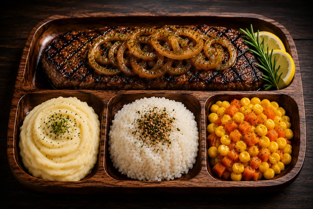 Australian Angus Steak with Caramelized Onions (Rice, Mashed Potator and Buttered Veg Included)