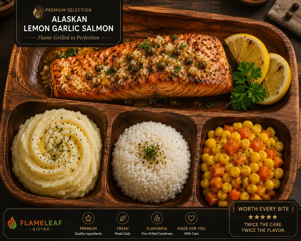 Alaskan Lemon Garlic Salmon (Rice, Mashed Potator and Buttered Veg Included)