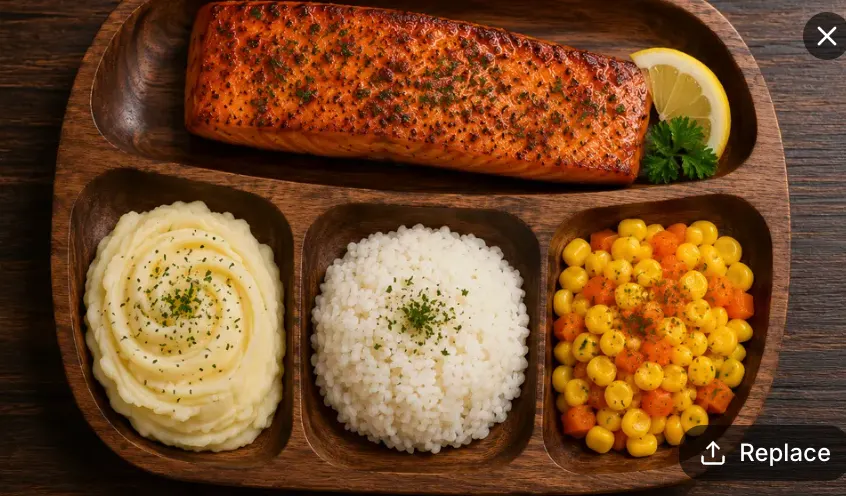 Alaskan Lemon Garlic Salmon (Rice, Mashed Potator and Buttered Veg Included)