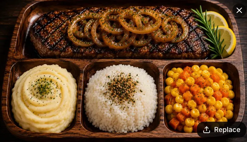 Australian Angus Steak with Caramelized Onions (Rice, Mashed Potator and Buttered Veg Included)